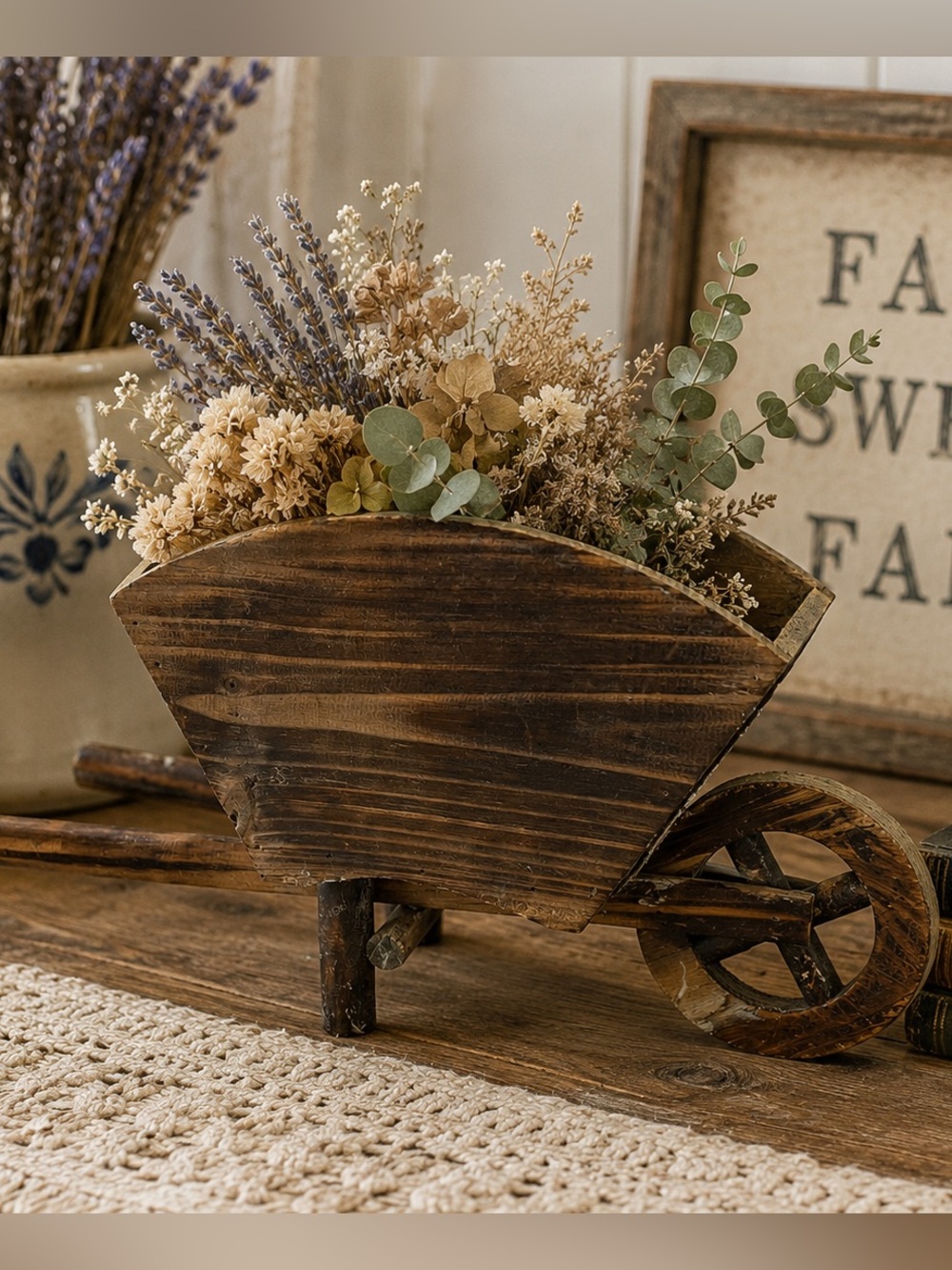 Rustic Wooden Wheelbarrow Primitive Farmhouse Country Cottage Decor